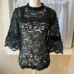 Loft See Through Lace Top Blouse Bell Sleeves Retro Dark Green Small